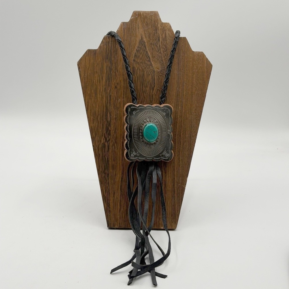 Western Bolo Tie Silver Turquoise Concho Braided Leather Fringe Tassel Black